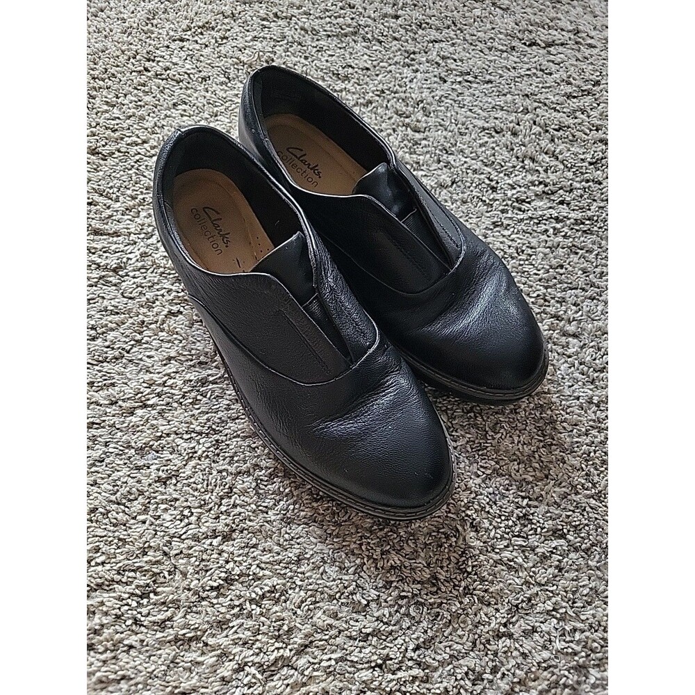 Clarks Collection Airabell Black Wedge Loafers sz 11 W Wide EUC